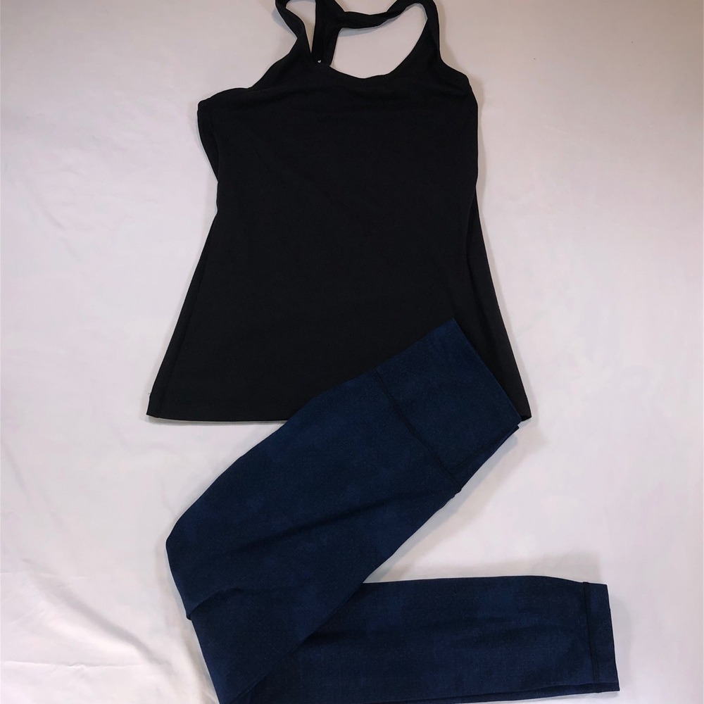 Lululemon Activewear Set Black Racerback Tank Top & Navy Blue Pattern Leggings